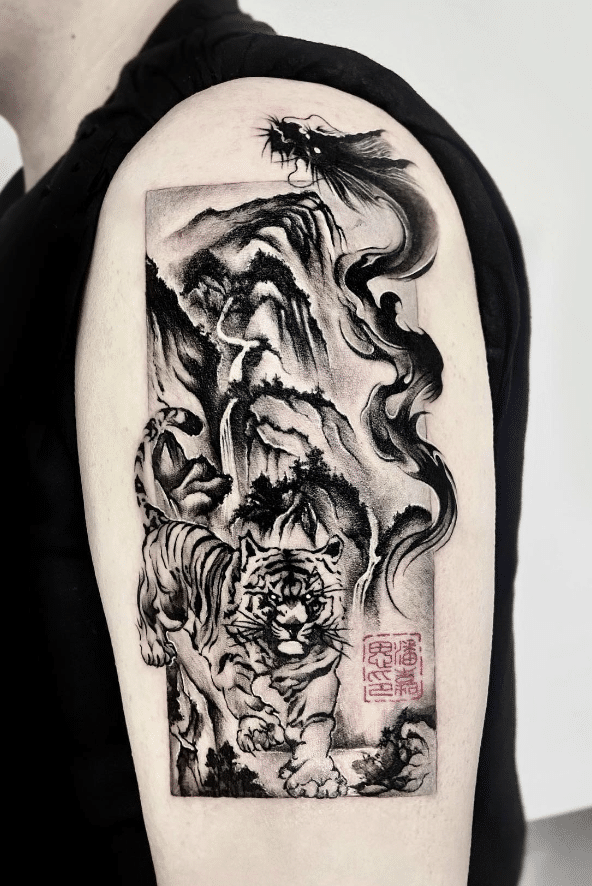 Landscape Dragon Tiger Tattoo