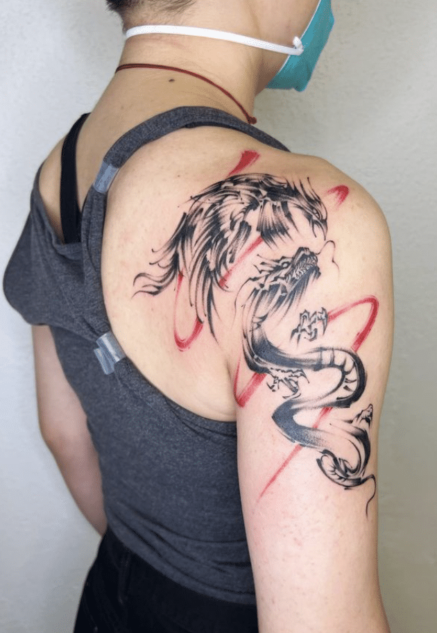 Shoulder Dragon And Phoenix Tattoo