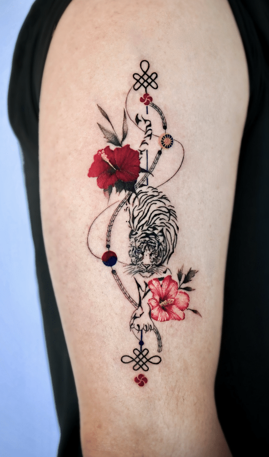 Tiger And Hibiscus Flowers Tattoo