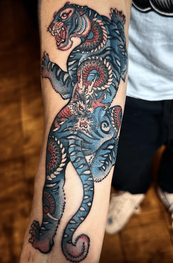 Tiger With Dragon Pattern Tattoo