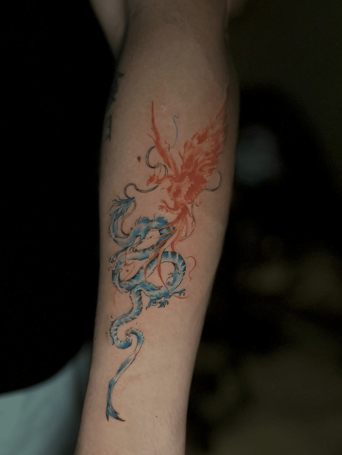 Water And Fire Dragon Phoenix Tattoo