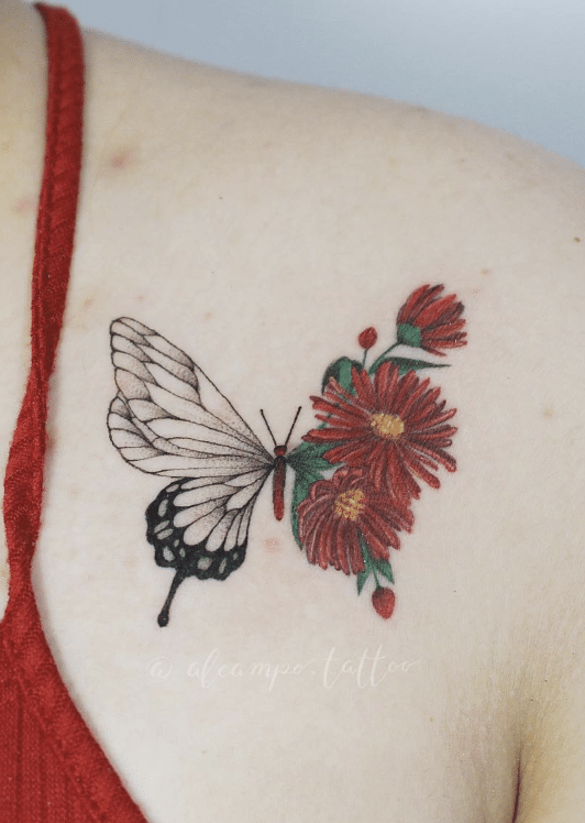 Aster Flower Butterfly Tattoo