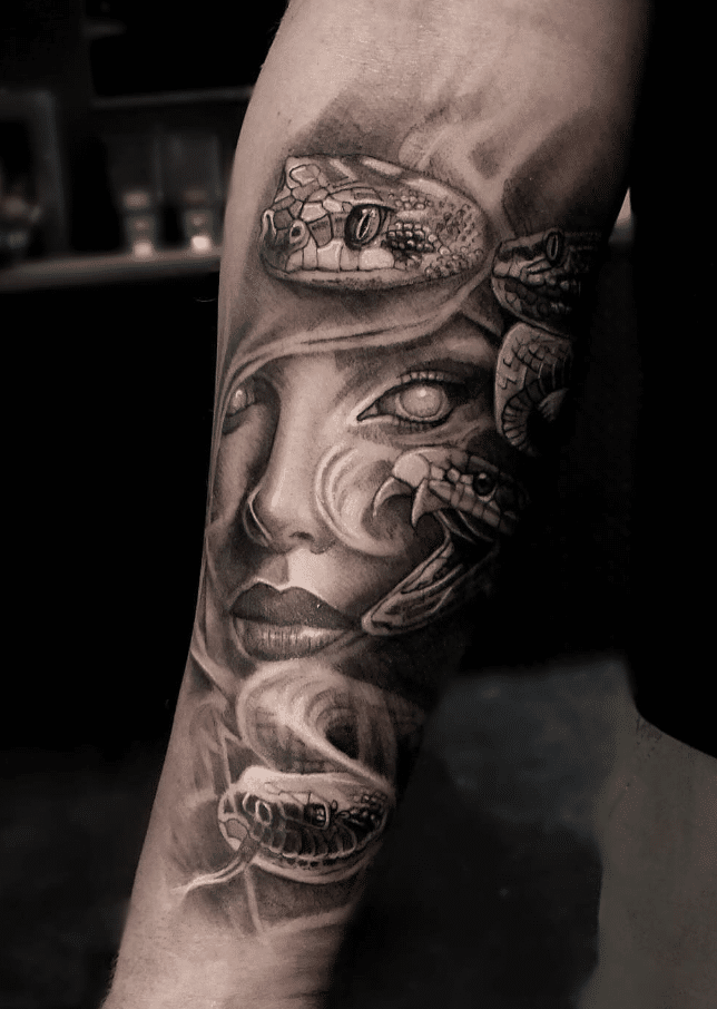 Black And Grey Medusa Tattoo
