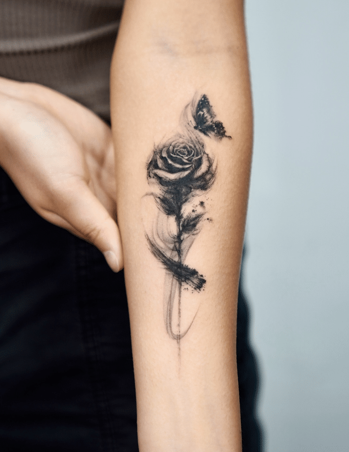 Blackwork Butterfly Flower Tattoo