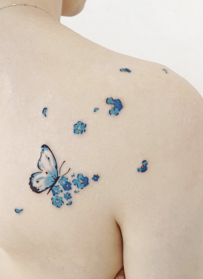 Blue Butterfly Flower Tattoo