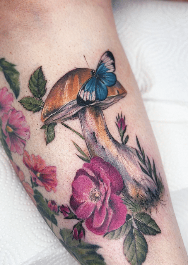 Butterfly Flower And Mushroom Tattoo