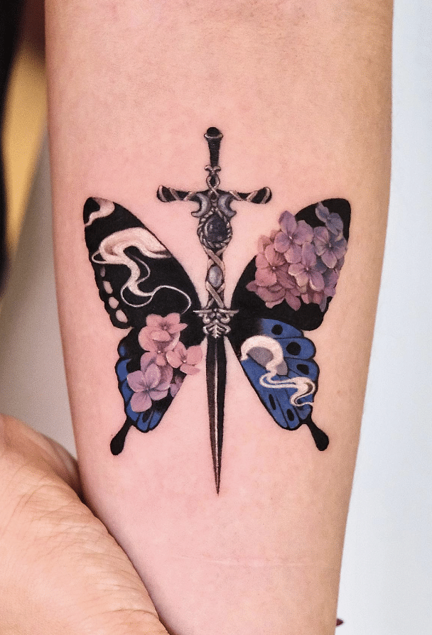 Butterfly Flower And Sword Tattoo