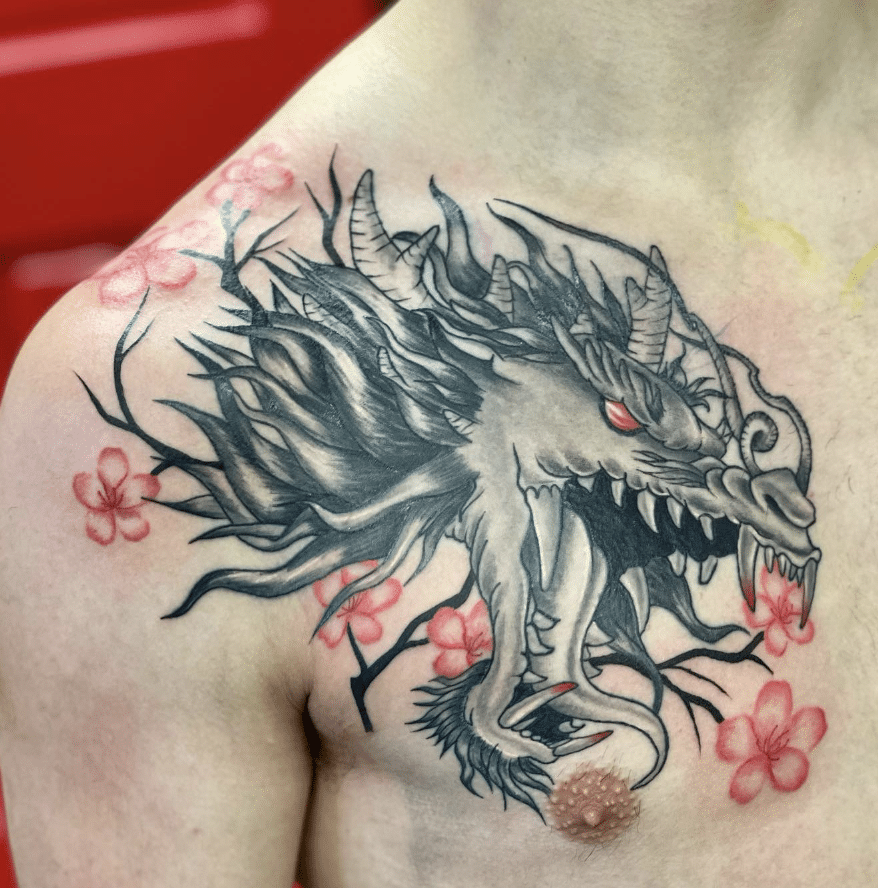 Cherry Blossom Dragon Head Tattoo