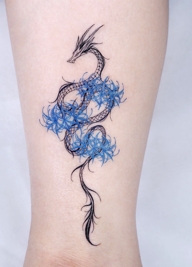 Dragon And Blue Spider Lily Tattoo