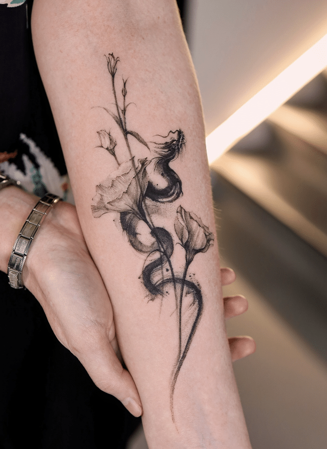 Dragon And Lisianthus Tattoo