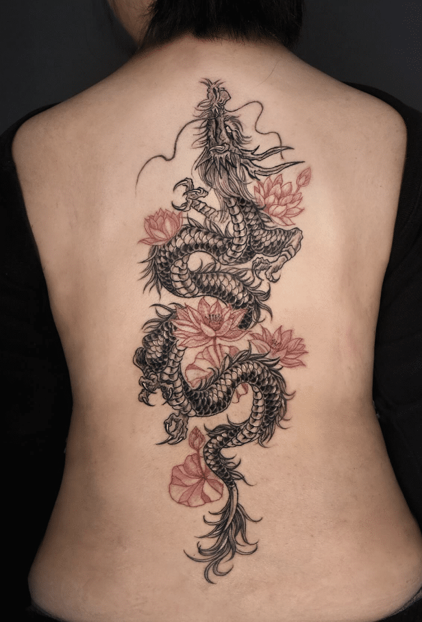 Dragon Flower Tattoo On Back
