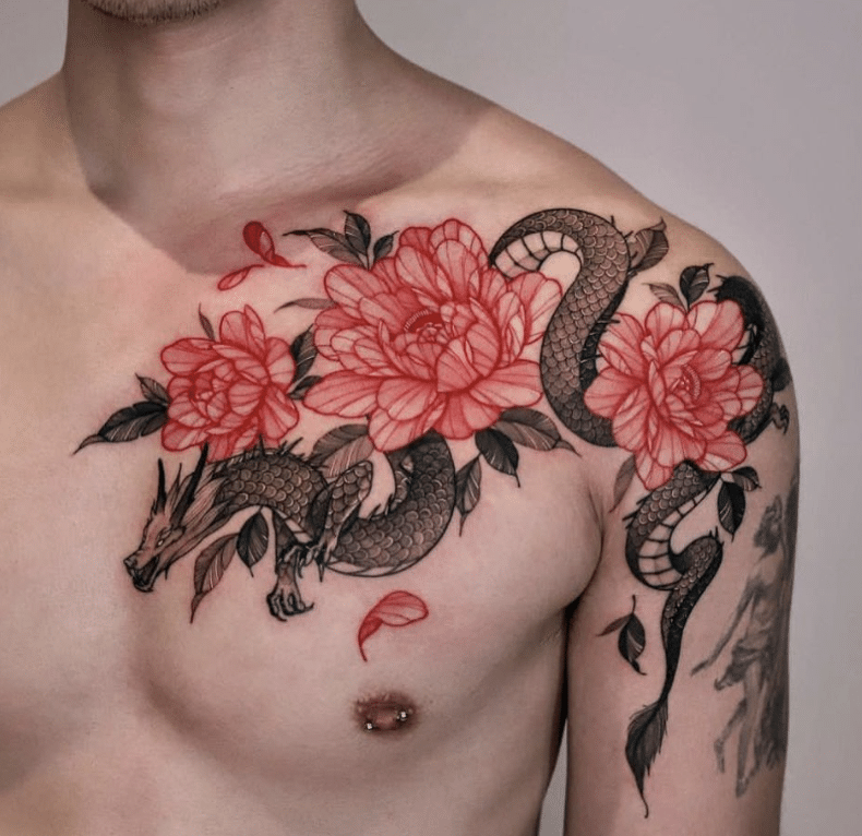 Dragon Flower Tattoo On Chest