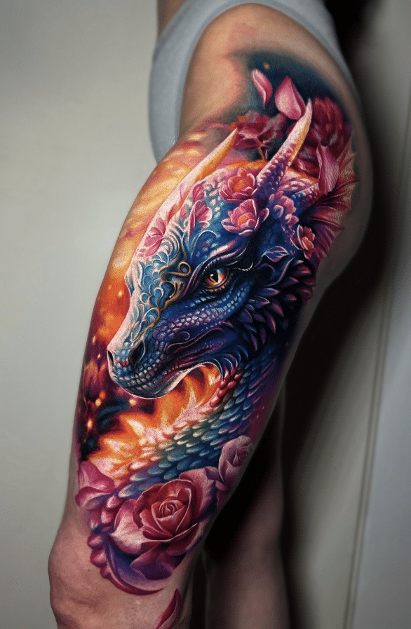 Dragon Head Floral Tattoo
