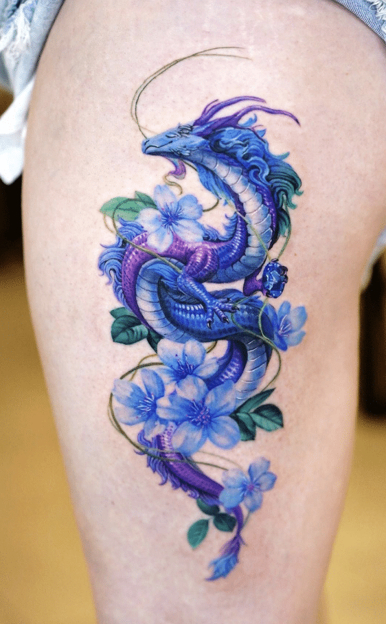 Dragon With Blue Flower Tattoo
