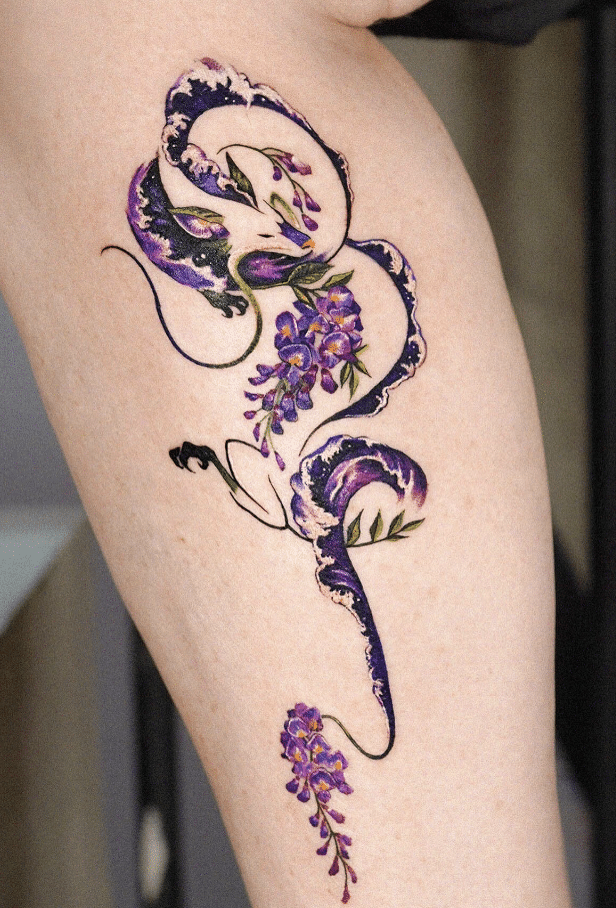Dragon With Purple Flower Tattoo