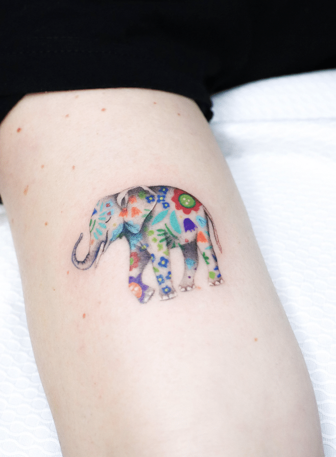 Flower Pattern Elephant Tattoo