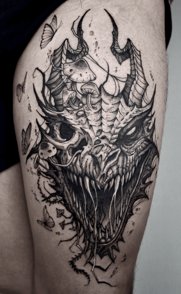 Half Skull Dragon Head Tattoo