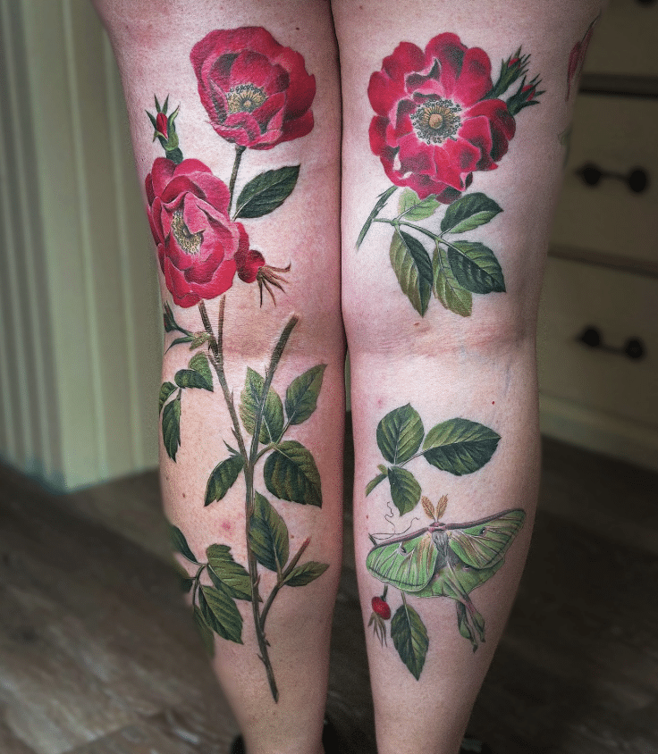 Leg Butterfly Flower Tattoo