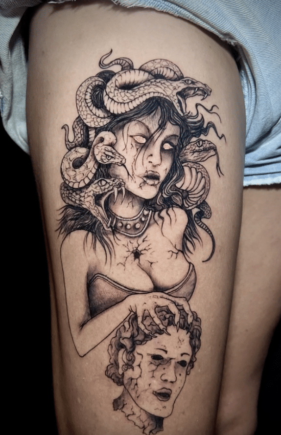 Medusa With Perseus Head Tattoo