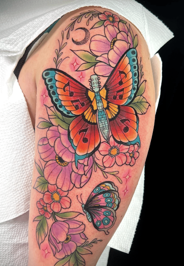 Musical Butterfly Flower Tattoo