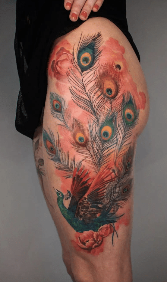 Peacock Tattoo On Thigh
