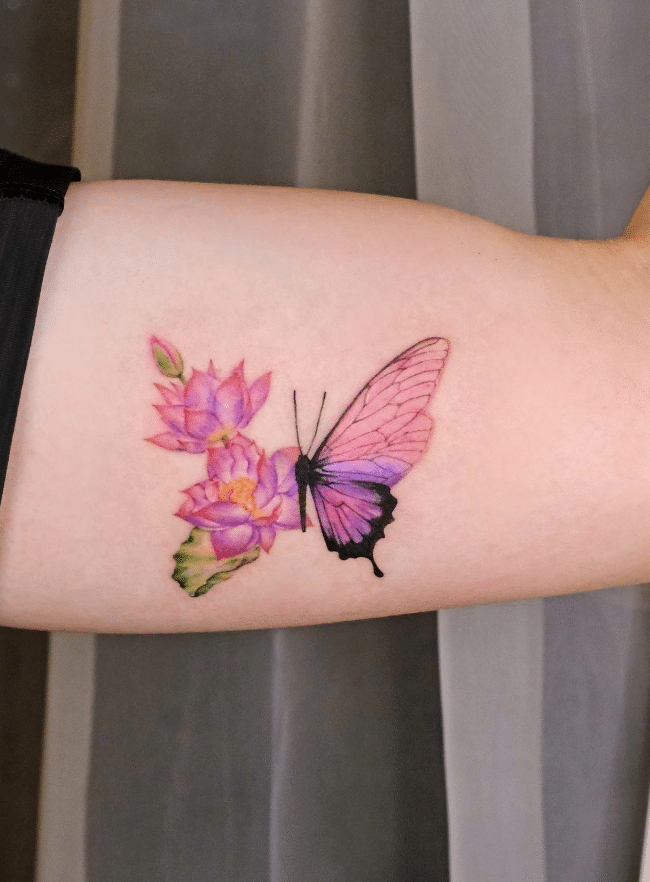 Pink Butterfly Flower Tattoo