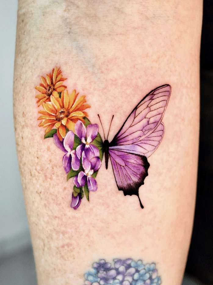 Purple Butterfly Flower Tattoo