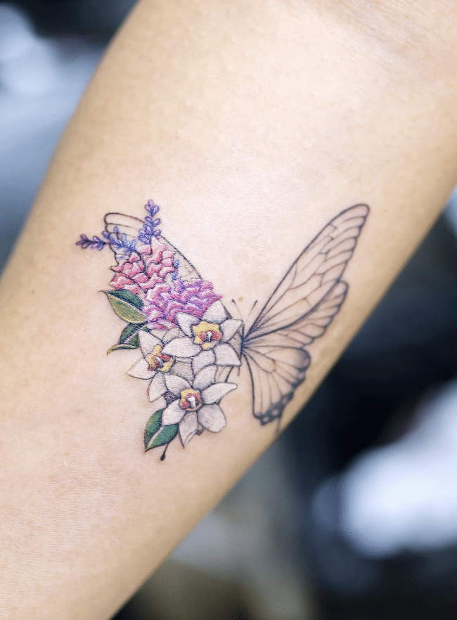 Range Of Flowers Butterfly Tattoo