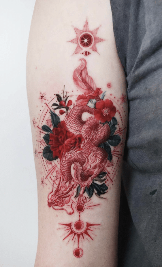 Red Dragon With Flower Tattoo