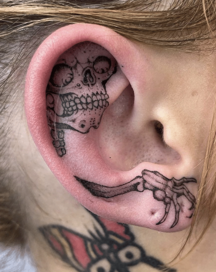 Skeleton Tattoo On Ear Design