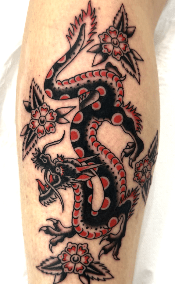 Traditional Dragon Flower Tattoo