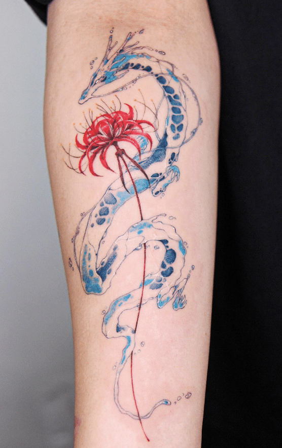 Water Dragon And Flower Tattoo
