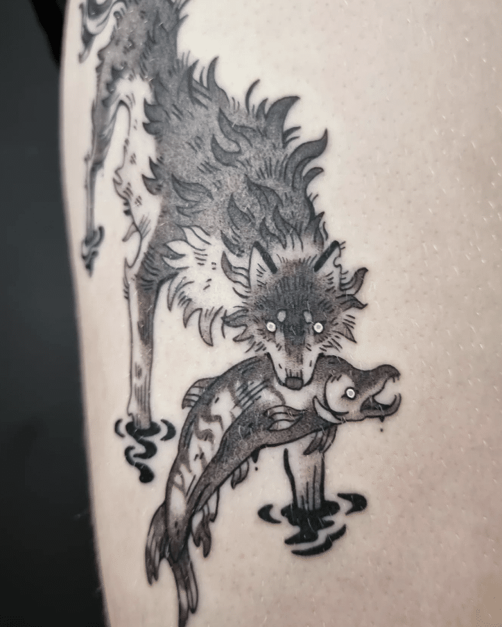 Wolf And Fish Tattoo